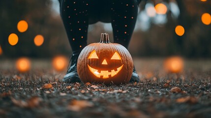 Poster - A wide shot of a Halloween party in a backyard, featuring guests in fancy costumes like vampires and witches. There are glowing pumpkins and spooky decorations around, while people chat and laugh
