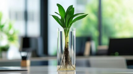 Poster - A glass vase with a green plant showcasing its roots, set in a modern office environment.