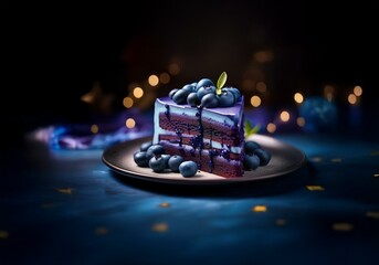Poster - A slice of layered cake with a blueberry topping and purple icing is on a black plate.