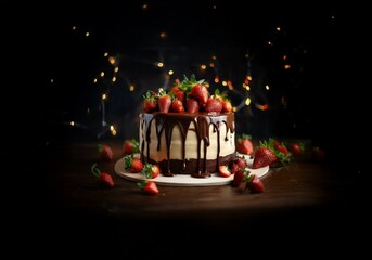 Poster - A chocolate cake topped with strawberries sits on a wooden surface, lit with blurred bokeh lights in the background.