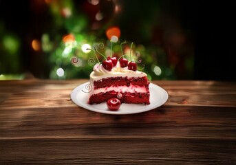 Poster - A piece of red velvet cake with white frosting and cherries sits on a white plate against a blurred background of green and orange lights.