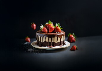 Aufkleber - A chocolate cake topped with strawberries sits on a white plate against a black background.
