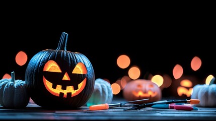 Poster - Close-up of a person s hands carving a scary face into a pumpkin. The tools are scattered around the table, and other glowing pumpkins can be seen in the background, creating a festive Halloween