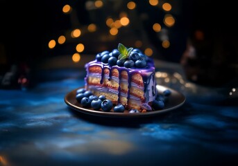 Poster - A slice of cake with layers of frosting and blueberries, topped with purple icing and blueberries, on a brown plate.