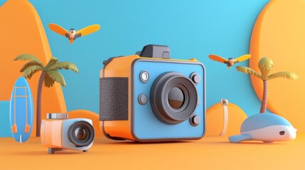 Poster - A colorful, playful scene featuring cameras and beach elements, evoking a vacation vibe.