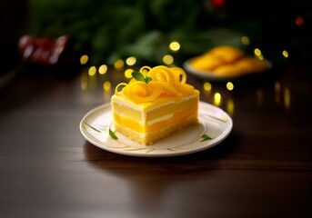 Poster - A piece of yellow cake with white frosting and mango filling on a white plate with green leaf designs.