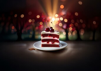 Poster - A slice of red velvet cake with white frosting and cherries on top rests on a white plate on a wooden table.