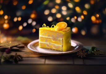 Poster - A slice of yellow cake sits on a plate with blurred lights in the background.