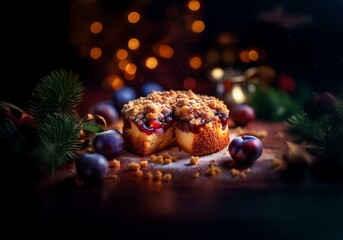 Poster - A slice of  crumb topped fruit cake with plums in the foreground.  The background is blurry with orange bokeh lights.