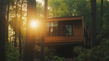 Sticker - A modern wooden house nestled in a lush forest during sunset.