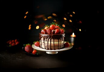 Poster - A decadent chocolate cake with layers of white and brown frosting is topped with fresh strawberries and drizzled with chocolate sauce. The cake sits on a white cake stand against a dark background.