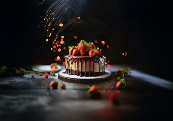 Poster - A chocolate cake with strawberry garnish, drizzled with chocolate, sits on a dark table with bokeh lights in the background.