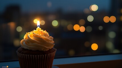 Sticker - A cupcake with a lit candle against a blurred cityscape background.