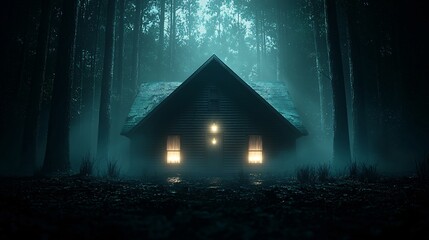 Poster - A spooky evening shot of an old, abandoned house with flickering candles in the windows, surrounded by dry trees and fog. The atmosphere is chilling, with shadows and eerie light creating a haunted