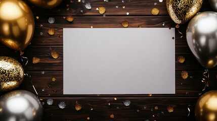 Canvas Print - A festive scene with a blank card surrounded by balloons and confetti on a wooden table.