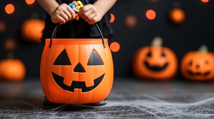 Poster - A wide-angle shot of children trick-or-treating in a neighborhood decorated with jack-o'-lanterns, spooky lights, and fake cobwebs. The night is filled with excitement as they go from house to house
