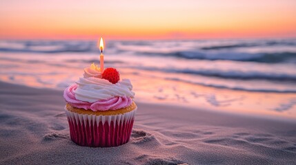 Wall Mural - A cupcake with a candle sits on the beach at sunset, symbolizing celebration and joy.