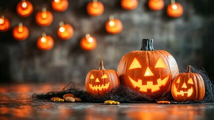 Poster - A wide-angle shot of children trick-or-treating in a neighborhood decorated with jack-o'-lanterns, spooky lights, and fake cobwebs. The night is filled with excitement as they go from house to house
