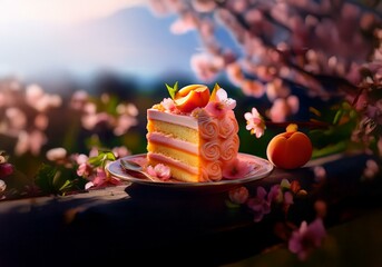 Poster - A slice of cake decorated with a peach and flowers rests on a plate in a natural setting.