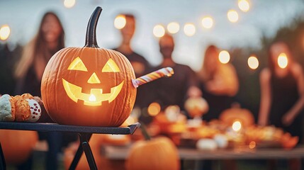 Poster - A spooky-themed backyard Halloween party with dim lighting, glowing pumpkins, and fog machines. Guests in fancy costumes are gathered around a table enjoying Halloween-themed snacks and drinks