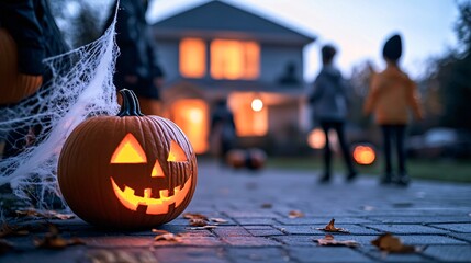 A wide-angle view of a house covered in Halloween decorations, including glowing pumpkins, cobwebs, and spooky figures. The eerie orange and purple lighting add a festive yet chilling atmosphere