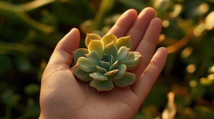 Wall Mural - A hand holding a succulent plant in a natural outdoor setting.