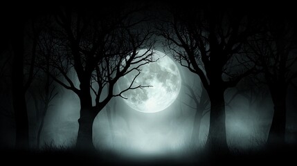 Poster - A foggy, eerie forest at night with dead trees and a dimly lit path leading into the darkness. The full moon shines through the fog, casting eerie shadows and adding a chilling atmosphere
