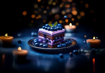 Poster - A slice of layered cake with blueberries on top sits on a plate and is surrounded by lit candles on a blue surface.