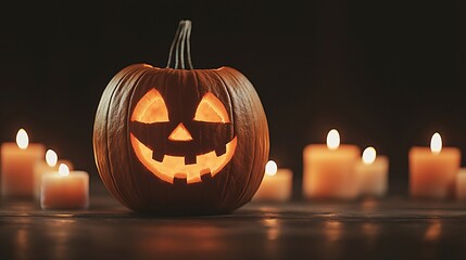 Poster - A close-up of a carved pumpkin with a scary face, placed on a windowsill with candles lit around it. The flickering light casts shadows, creating a spooky Halloween atmosphere inside the house