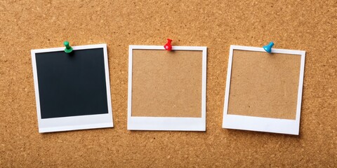 Three blank photos on cork board designed for inspiration, project planning, and presentationsâ€”ideal for creativity, organization, and visual storytelling in any space.