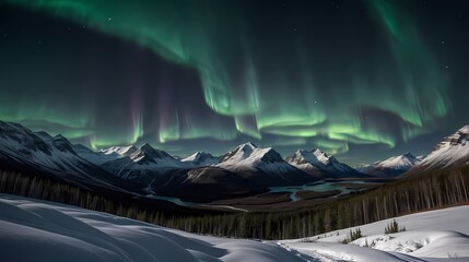 A mountain range under a starry sky, the peaks of which are illuminated by the northern lights