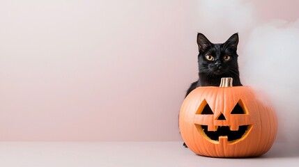 Poster - A close-up of a black cat sitting next to a carved pumpkin on a foggy Halloween night. The cat s eyes glow in the dim light, while the jack-o'-lantern flickers softly, adding a spooky atmosphere