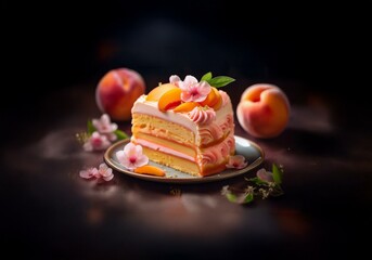 Poster - A slice of peach cake with pink frosting is decorated with peach slices and flowers on a blue plate.