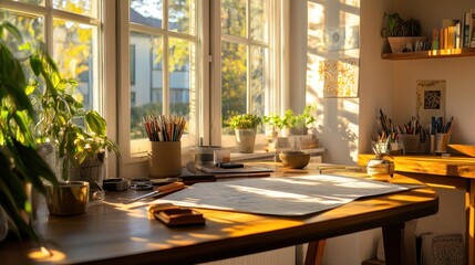 Poster - A sunlit workspace filled with plants, stationery, and creative materials for artistic endeavors.