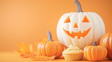 Poster - A Halloween-themed kitchen with cupcakes, cookies, and other spooky treats arranged on a table. The soft orange glow from nearby decorations adds a festive atmosphere to the scene