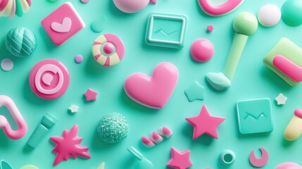 Sticker - A colorful assortment of playful, 3D-shaped icons and objects on a bright background.