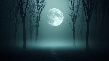 Poster - A spooky forest at night with fog rolling in, dead trees, and a dimly lit path leading into the distance. The full moon casts eerie shadows, creating a perfect Halloween night setting