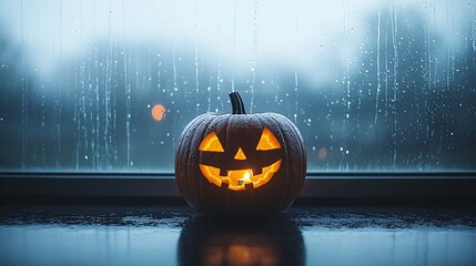 Poster - A close-up of a carved pumpkin glowing on a windowsill, with a flickering candle inside. Outside, the night sky is dark, and there are more Halloween decorations visible through the window
