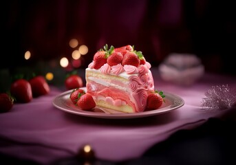Poster - A slice of cake with pink frosting and strawberries sits on a pink plate with a pink background.