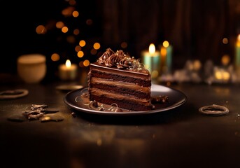 Poster - A slice of rich chocolate cake with layers of frosting sits on a dark plate, lit by warm candlelight.