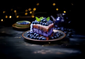 Poster - A slice of cake decorated with blueberries and mint sits on a plate with blueberries.