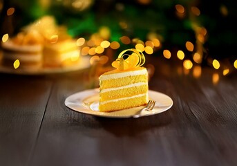 Poster - A single slice of yellow cake sits on a plate, garnished with a curled piece of orange zest. Warm, blurry lights illuminate the background.
