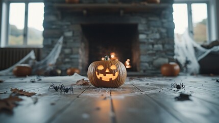 Poster - A close-up of a jack-o'-lantern s glowing face on a porch, surrounded by other Halloween decorations like cobwebs and fake spiders. The flickering candle inside casts spooky shadows on the wooden