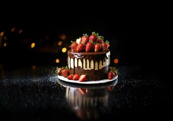Aufkleber - A chocolate cake drizzled with chocolate ganache is topped with fresh strawberries and placed on a dark surface.