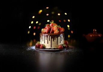 Poster - Chocolate cake drizzled with ganache and topped with fresh strawberries.