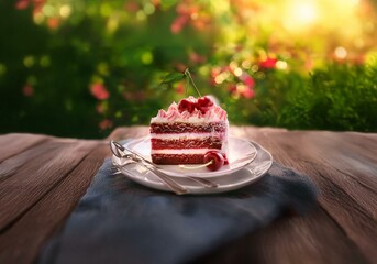 Poster - A slice of red velvet cake with white frosting and a cherry on top sits on a white plate, nestled on a wooden table.