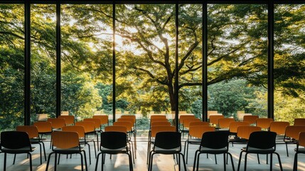 Wall Mural - A serene interior space with chairs facing large windows showcasing lush greenery outside.