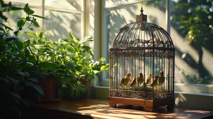 Poster - A decorative birdcage with birds, surrounded by plants in a sunlit room.