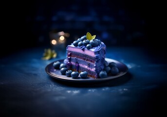 Poster - A slice of layered cake with purple and blue frosting is topped with blueberries and a green leaf on a dark blue plate.