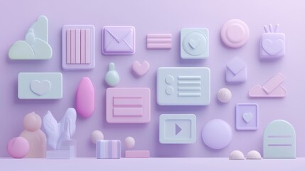 Wall Mural - A pastel-themed collection of 3D shapes resembling UI elements and playful icons.